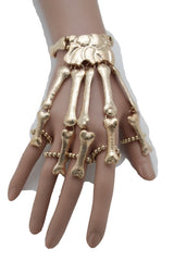 Trendy Women Gold Metal Hand Chain Scary Jewelry Slave Ring Skeleton Skull Bones