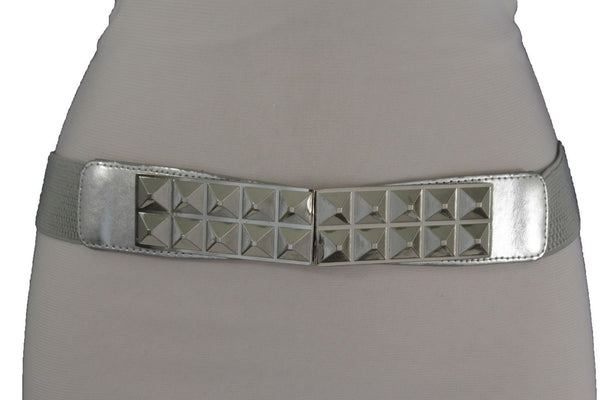 Women Fashion Belt Studds Buckle Elastic Waistband Silver Metal Buckle Size S M
