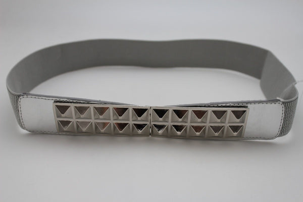 Women Fashion Belt Studds Buckle Elastic Waistband Silver Metal Buckle Size S M