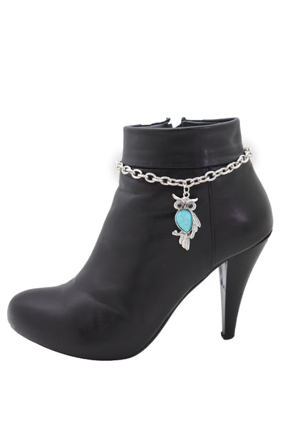 Brand New Women Silver Metal Chains Boot Bracelet Western Shoe Turquoise Owl Charm Jewelry