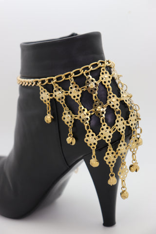 Brand New Women Boot Gold Metal Chain Multi Bells Bracelet Ethnic Western Bling Shoe Charm