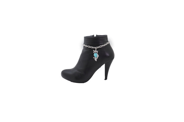 Brand New Women Silver Metal Chains Boot Bracelet Western Shoe Turquoise Owl Charm Jewelry