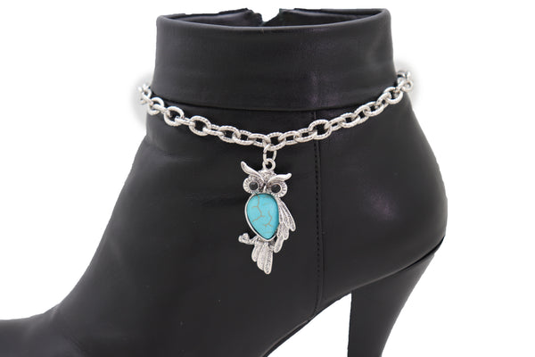 Brand New Women Silver Metal Chains Boot Bracelet Western Shoe Turquoise Owl Charm Jewelry