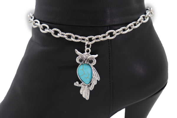 Brand New Women Silver Metal Chains Boot Bracelet Western Shoe Turquoise Owl Charm Jewelry