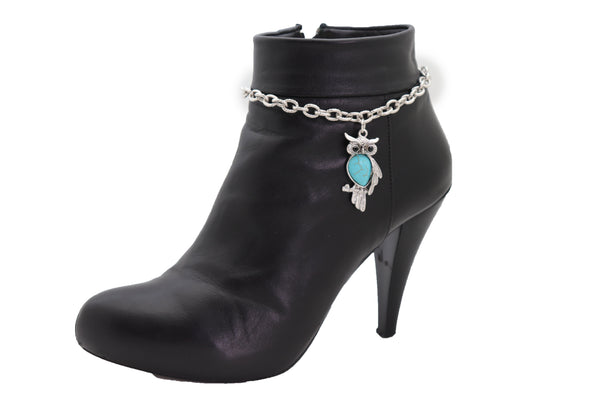 Brand New Women Silver Metal Chains Boot Bracelet Western Shoe Turquoise Owl Charm Jewelry