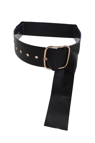 Brand New Women Black Extra Long Fabric Wide Waistband Fashion Belt Gold Metal Buckle XS S