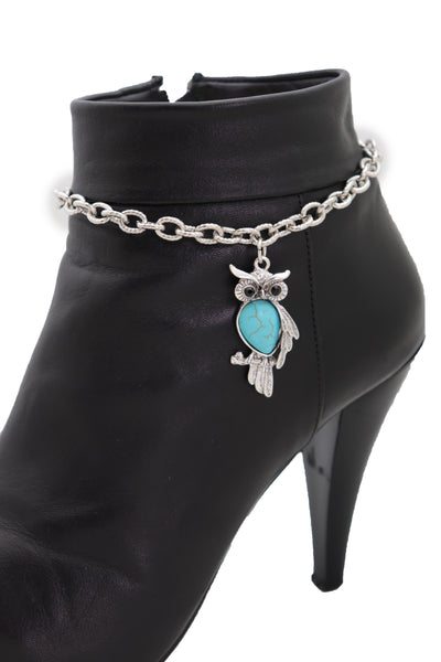 Brand New Women Silver Metal Chains Boot Bracelet Western Shoe Turquoise Owl Charm Jewelry