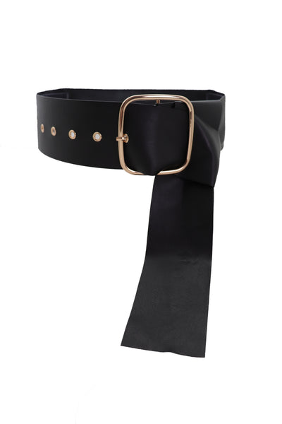 Brand New Women Black Extra Long Fabric Wide Waistband Fashion Belt Gold Metal Buckle XS S