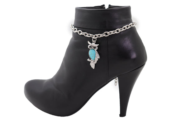 Brand New Women Silver Metal Chains Boot Bracelet Western Shoe Turquoise Owl Charm Jewelry