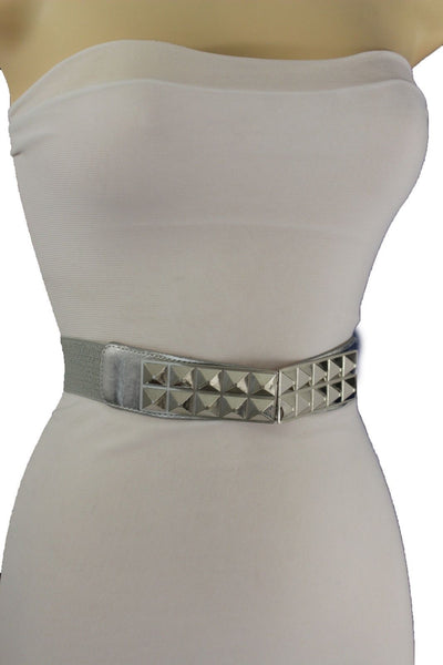 Women Fashion Belt Studds Buckle Elastic Waistband Silver Metal Buckle Size S M