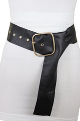 Black Extra Long Fabric Wide Waistband Fashion Belt Gold Metal Buckle XS S