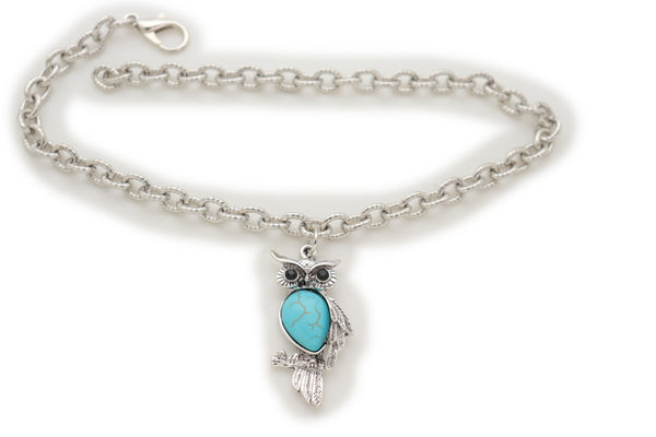 Brand New Women Silver Metal Chains Boot Bracelet Western Shoe Turquoise Owl Charm Jewelry