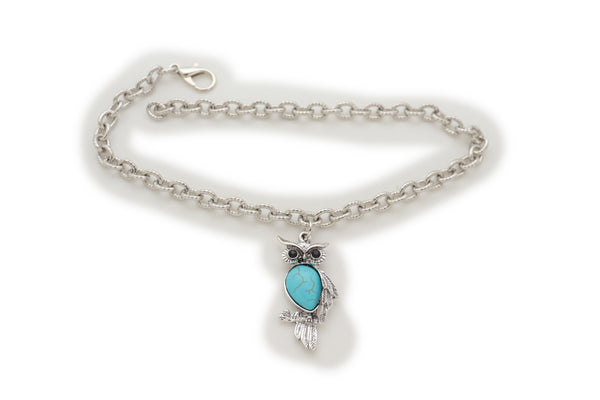 Brand New Women Silver Metal Chains Boot Bracelet Western Shoe Turquoise Owl Charm Jewelry