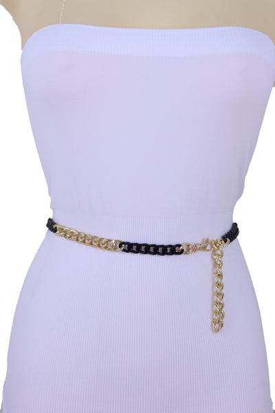 Brand New Women Belt Hip High Waist Gold Black Metal Chain Links Skinny Waistband XS S M