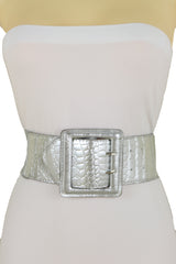Women Hip Waist Silver Faux Leather Wide Elastic Belt Big Square Buckle Adjustable One Size M L XL