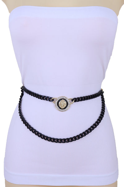 Sexy Look Women Fashion Belt Hip Waist Black Gold Metal Chain Bling Lion Charm Size M L XL