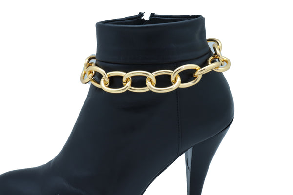 Women Gold Metal Chunky Chain Thick Links Boot Bracelet Shoe Band Anklet Strap Adjustable Size