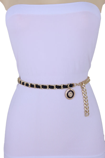 Women Fashion Gold Metal Chain Links Black Sexy Belt Lion Medallion Charm Fit Sizes XS S M