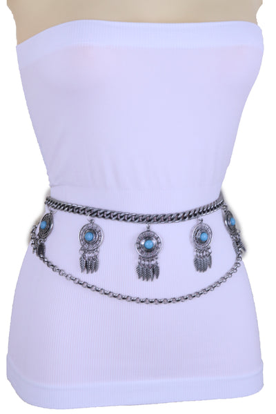 Brand New Women Ethnic Belt Silver Metal Chain Feather Turquoise Charm Plus Size XL XXL