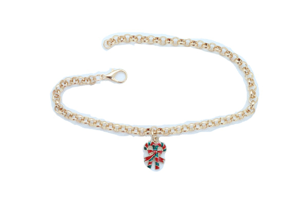 New Women Gold Metal Boot Chain Bracelet Christmas Shoe Candy Cane Charm Jewelry Adjustable Size Band
