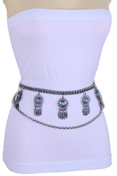 Women Antique Silver Metal Chain Western Belt Feather Turquoise Charms Fits Sizes XS S M