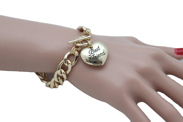 Women Bangle Bracelet Gold Metal Chain Heart Charm Fashion Jewelry Best Friend Love