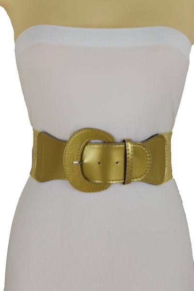 Women Gold Color Wide Elastic Band Fashion Belt Hip Waist Bling Silver Metal Studs Buckle Size M L