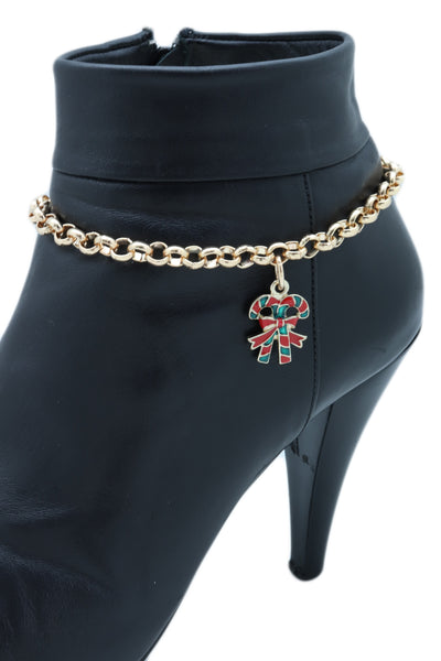 New Women Gold Metal Boot Chain Bracelet Christmas Shoe Candy Cane Charm Jewelry Adjustable Size Band