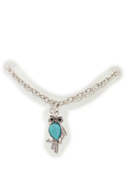 Brand New Women Silver Metal Chains Boot Bracelet Western Shoe Turquoise Owl Charm Jewelry