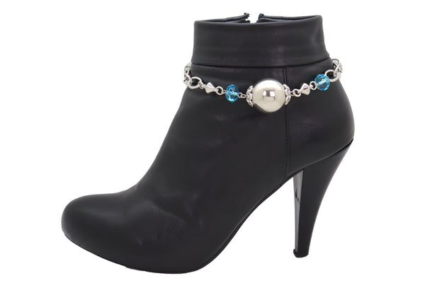 Brand New Women Metal Silver Boot Chain Bracelet Anklet Shoe Ball Charm Blue Beads Jewelry