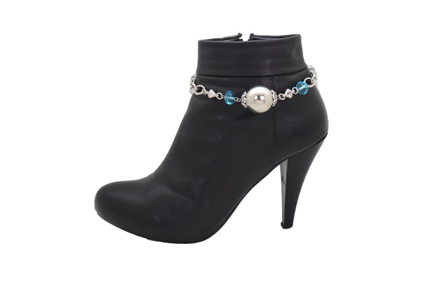 Brand New Women Metal Silver Boot Chain Bracelet Anklet Shoe Ball Charm Blue Beads Jewelry
