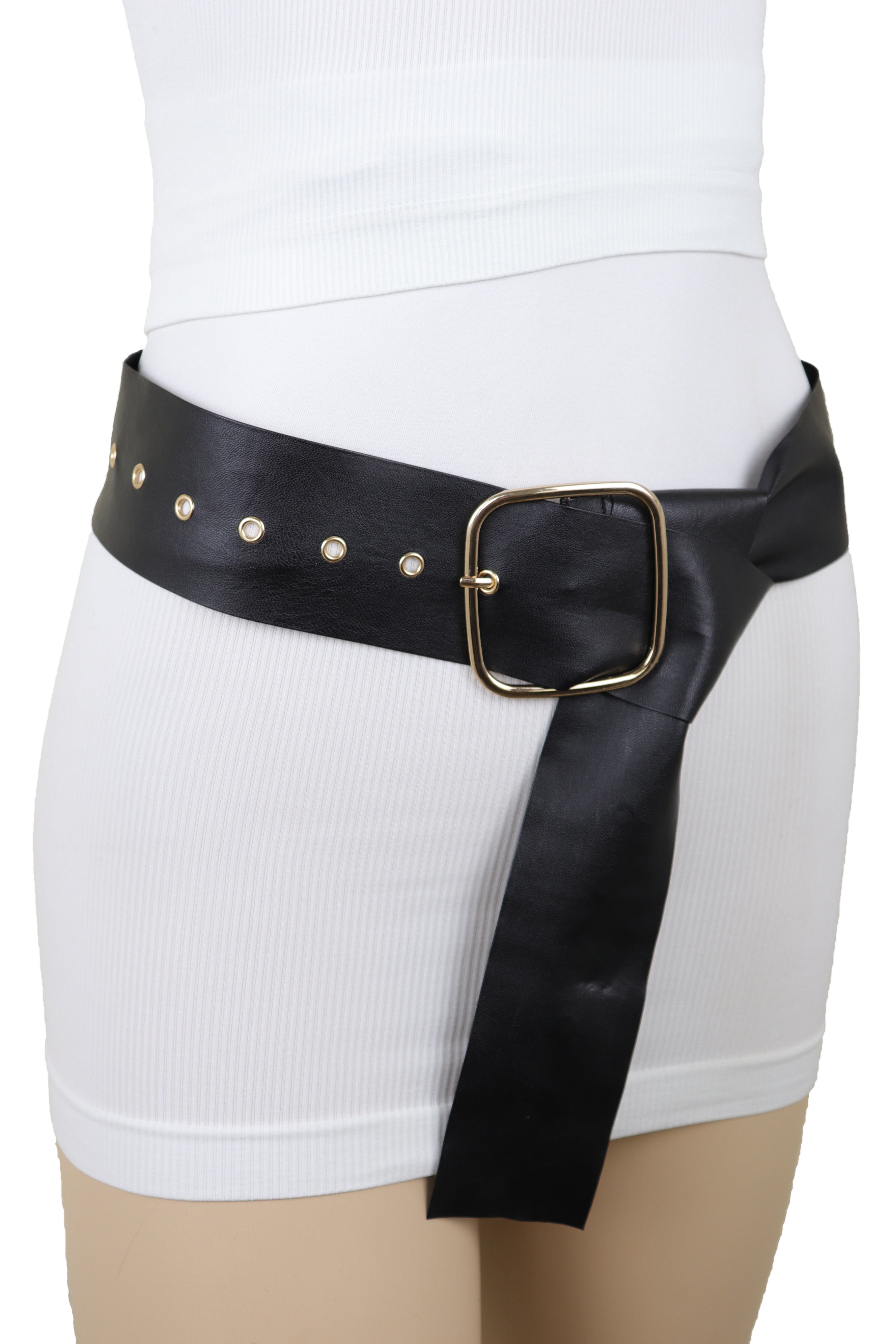 Black Extra Long Fabric Wide Waistband Fashion Belt Gold Metal