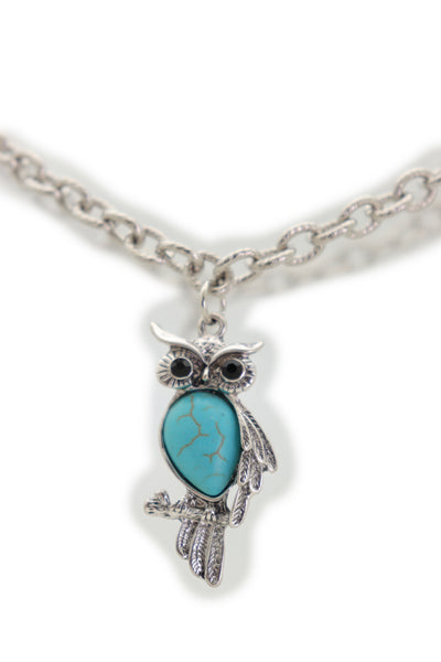 Brand New Women Silver Metal Chains Boot Bracelet Western Shoe Turquoise Owl Charm Jewelry
