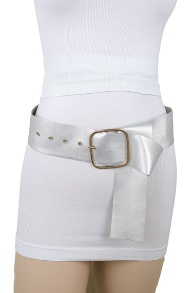Brand New Women Metallic Silver Extra Long Faux Leather Wide Waistband Fashion Belt XS S