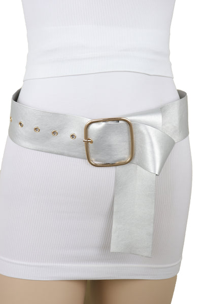 Brand New Women Metallic Silver Extra Long Faux Leather Wide Waistband Fashion Belt XS S