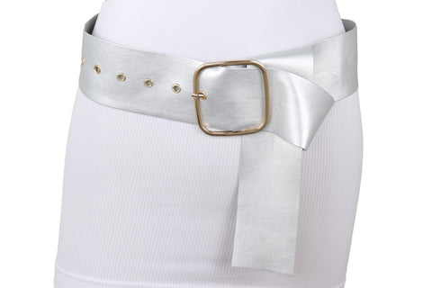 Brand New Women Metallic Silver Extra Long Faux Leather Wide Waistband Fashion Belt XS S