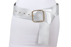 Metallic Silver Extra Long Faux Leather Wide Waistband Fashion Belt XS S