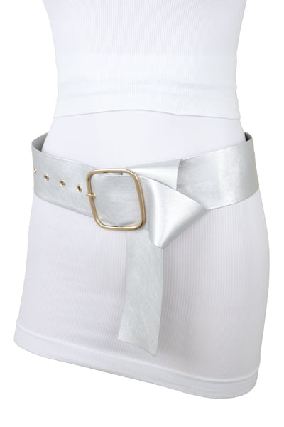 Brand New Women Metallic Silver Extra Long Faux Leather Wide Waistband Fashion Belt XS S