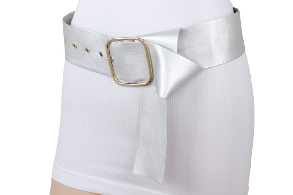 Brand New Women Metallic Silver Extra Long Faux Leather Wide Waistband Fashion Belt XS S