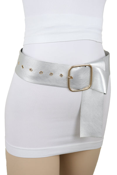 Brand New Women Metallic Silver Extra Long Faux Leather Wide Waistband Fashion Belt XS S