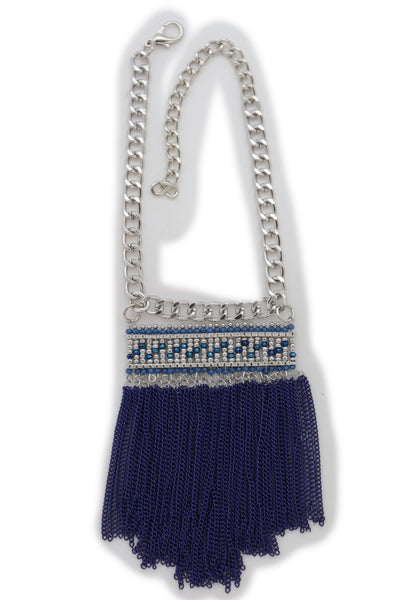 Brand New Women Silver Metal Chain Boot Bracelet Shoe Blue Tassel Beads Ethnic Charm Bling