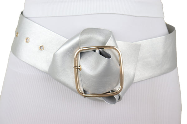 Brand New Women Metallic Silver Extra Long Faux Leather Wide Waistband Fashion Belt XS S