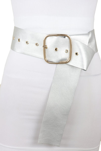 Brand New Women Metallic Silver Extra Long Faux Leather Wide Waistband Fashion Belt XS S