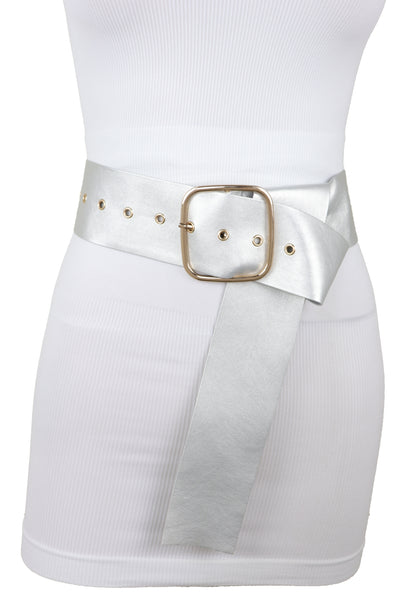 Brand New Women Metallic Silver Extra Long Faux Leather Wide Waistband Fashion Belt XS S