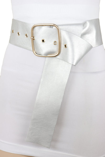 Brand New Women Metallic Silver Extra Long Faux Leather Wide Waistband Fashion Belt XS S