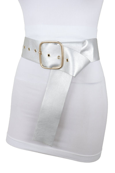 Brand New Women Metallic Silver Extra Long Faux Leather Wide Waistband Fashion Belt XS S