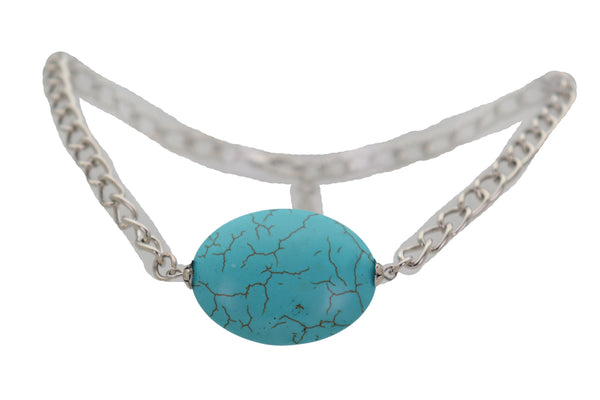 Brand New Women Silver Metal Chain Boot Bracelet Anklet Charm Turquoise Blue Bead Charm