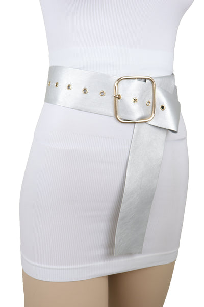 Brand New Women Metallic Silver Extra Long Faux Leather Wide Waistband Fashion Belt XS S
