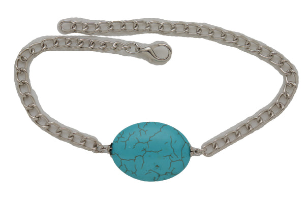 Brand New Women Silver Metal Chain Boot Bracelet Anklet Charm Turquoise Blue Bead Charm