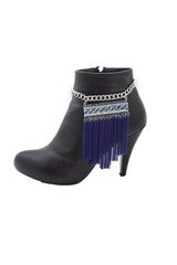 Silver Metal Chain Boot Bracelet Shoe Blue Tassel Beads Ethnic Charm Bling